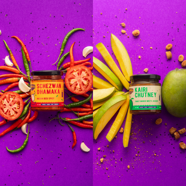 Pataakha Chutneys | Schezwan Chutney + Kairi Chutney | Spicy + Sweet | Pack of 2