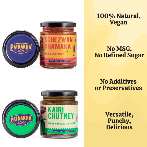 Pataakha Chutneys | Schezwan Chutney + Kairi Chutney | Spicy + Sweet | Pack of 2